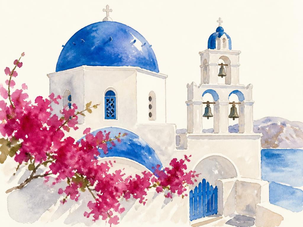 Watercolour of a blue-domed Greek Orthodox church in Santorini