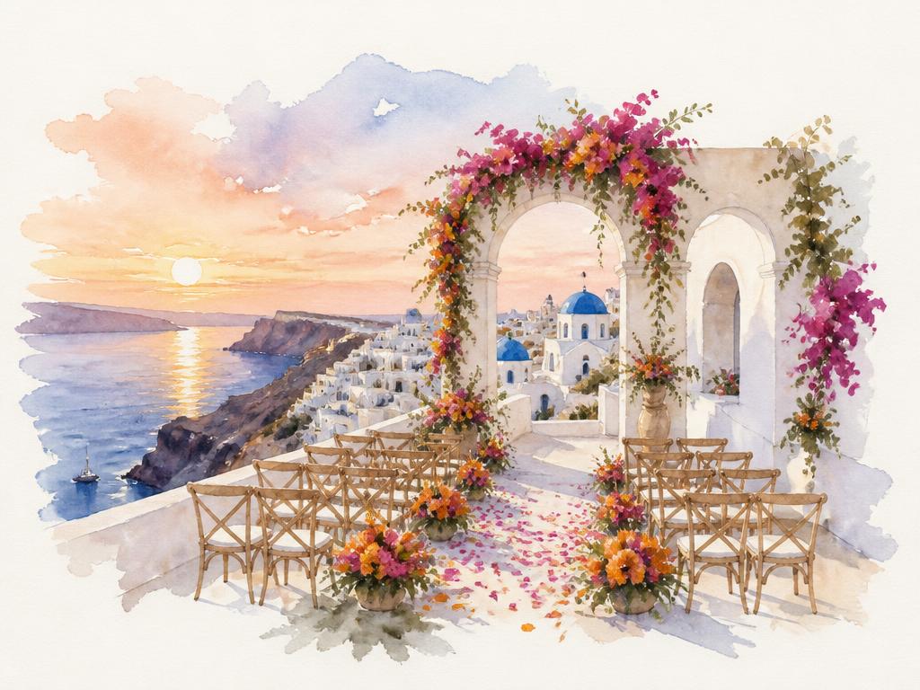 Watercolour of a cliffside Santorini wedding terrace at sunset