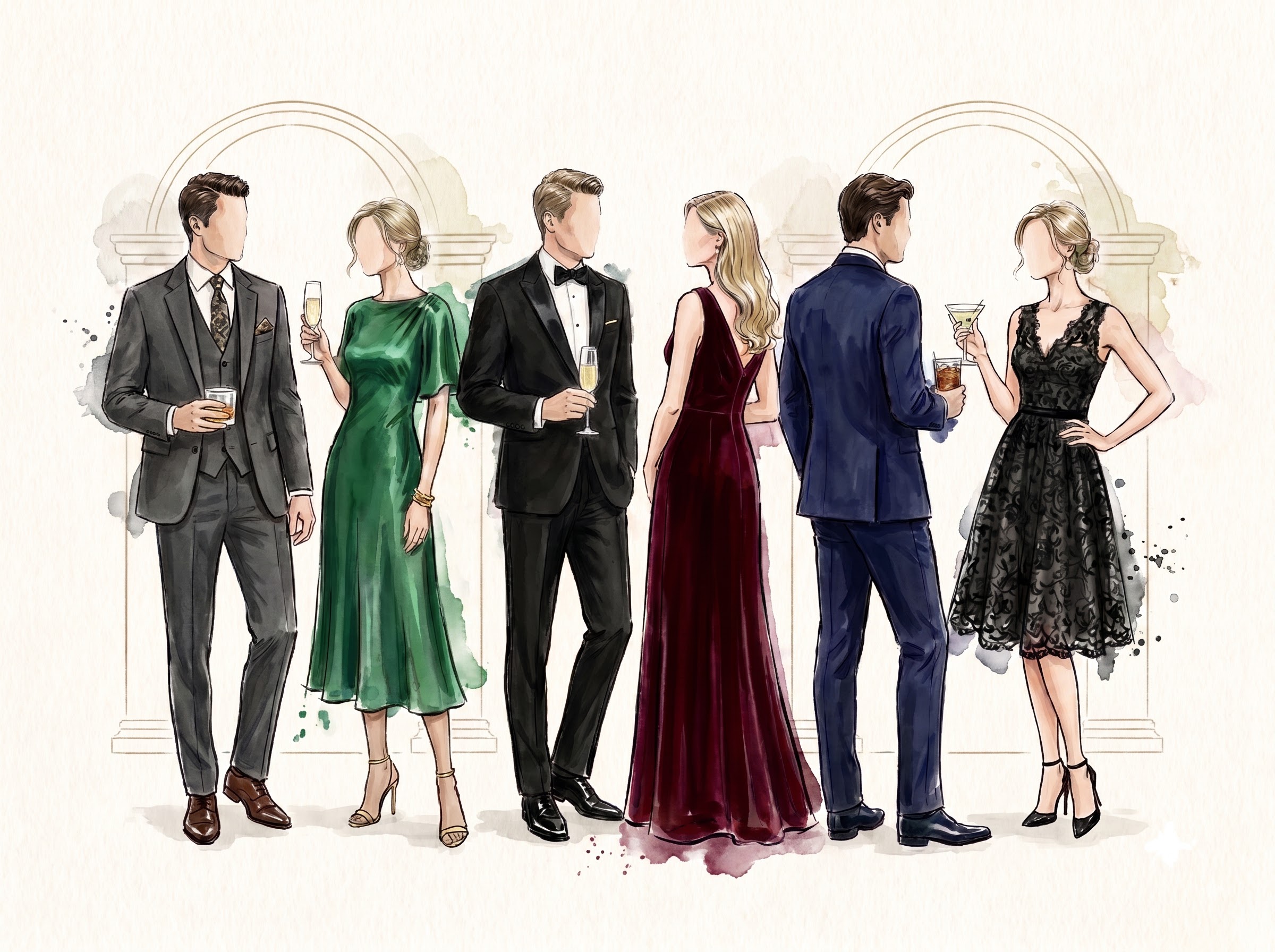 Watercolour illustration of guests in elegant evening wear
